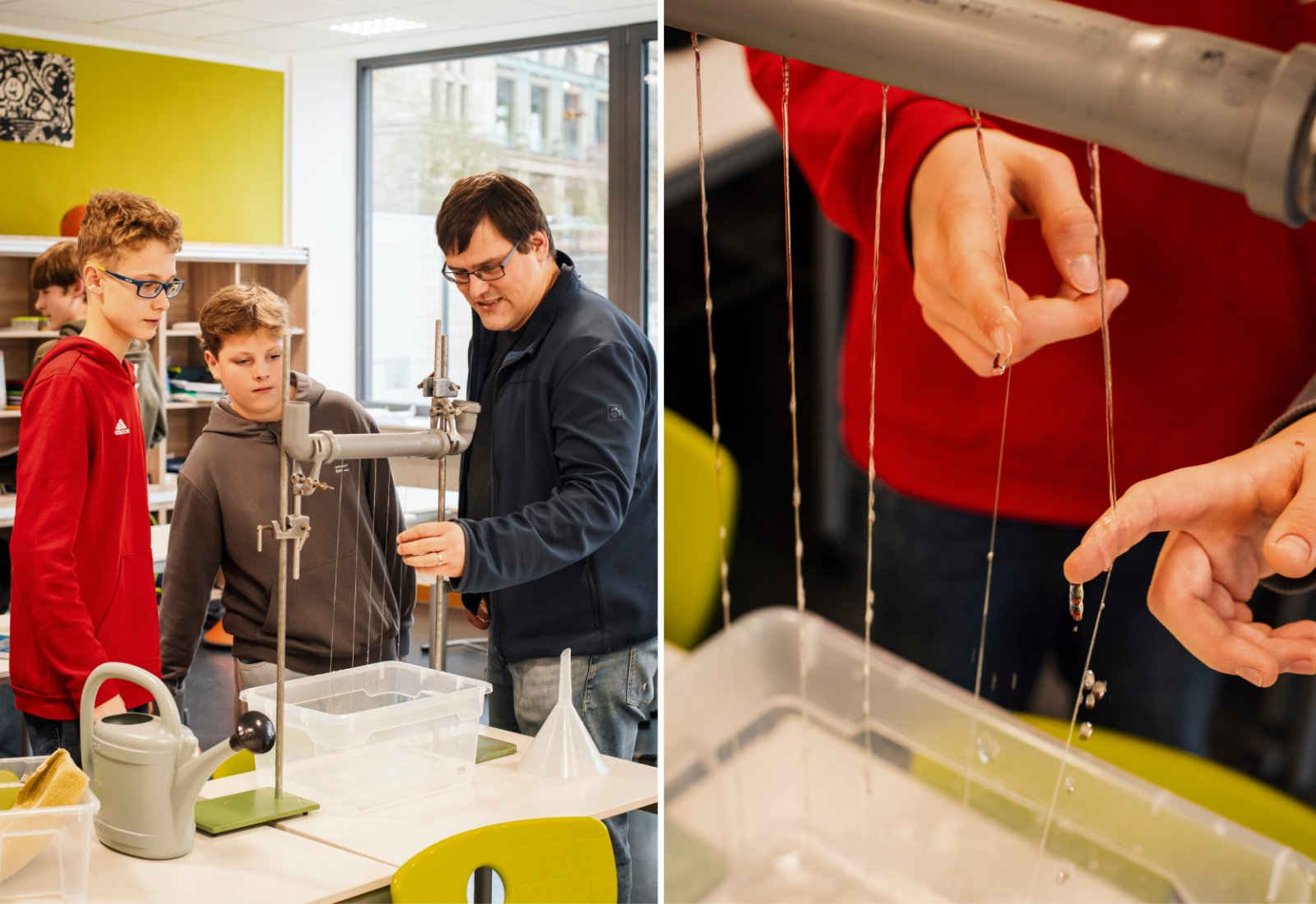 Zwei Schüler und eine Lehrkraft bauen im Klassenraum am Modell der Wasserharfe; rechts eine Nahaufnahme der herabtropfenden Wasserfäden